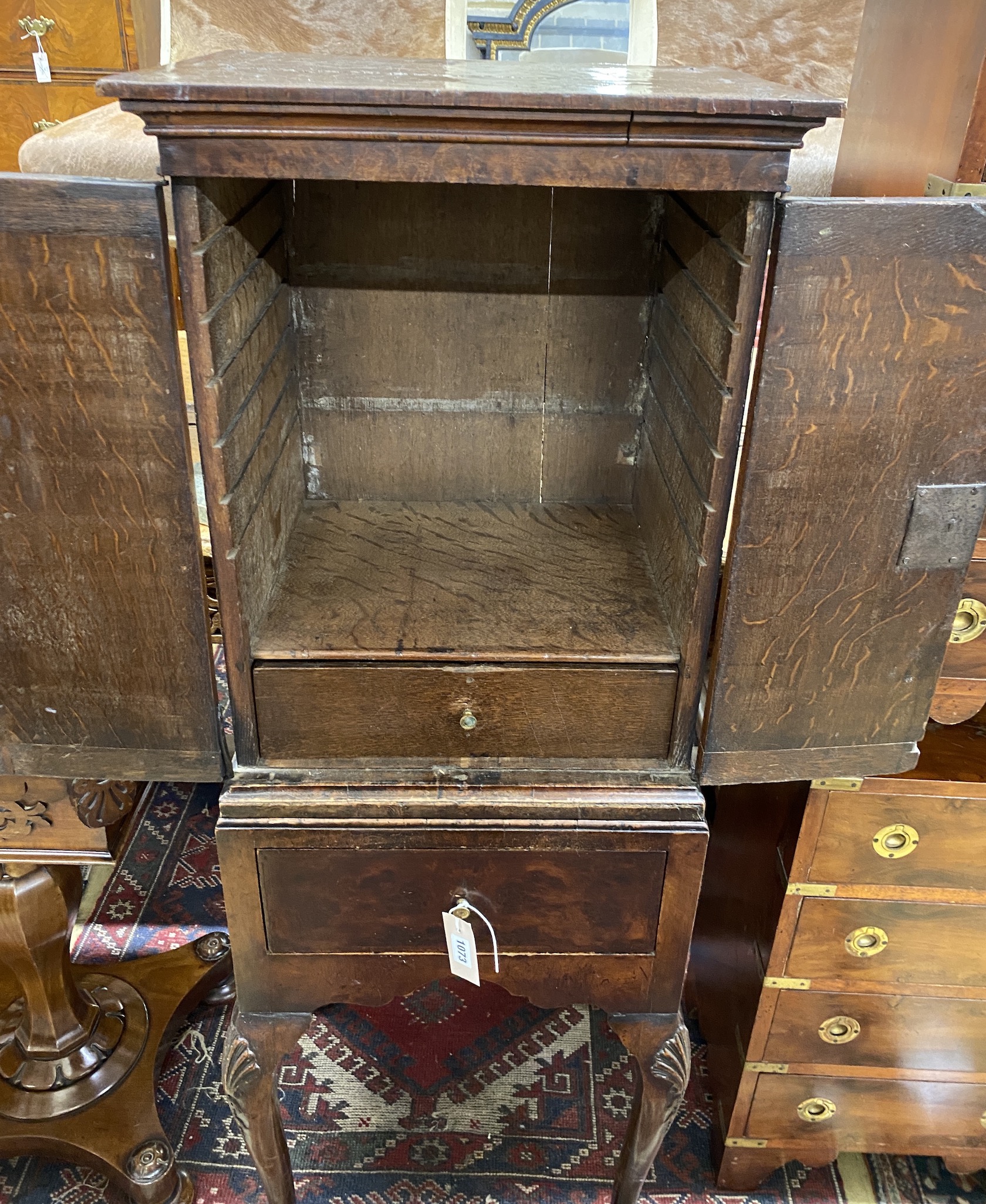 A small Queen Anne style walnut cabinet on stand, incorporating old timber, width 48cm, depth 40cm, height 130cm